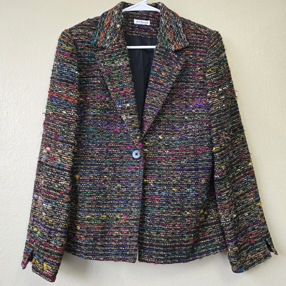 Vintage Jackets & Blazers - ANN MAY Size 6 Silk‎ Woven Dark Colorful Career Blazer Jacket Academia Old Money